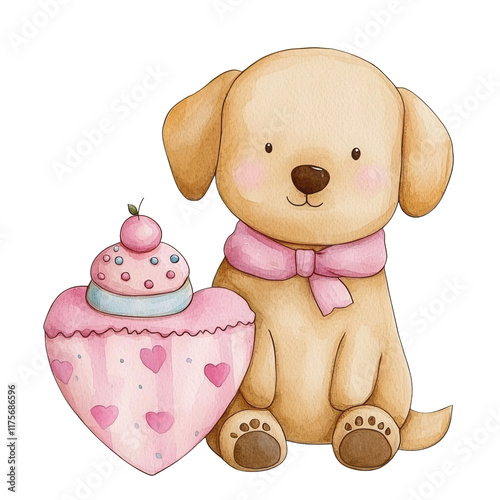 A cute, cartoon-style puppy sits beside a decorated heart-shaped cookie with a cupcake on top.