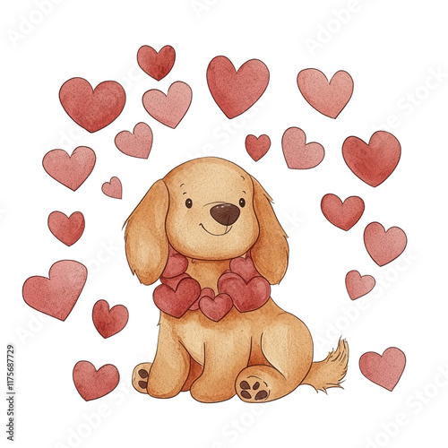 A cute, cartoon-style dog with a collar made of hearts sits surrounded by floating heart shapes.