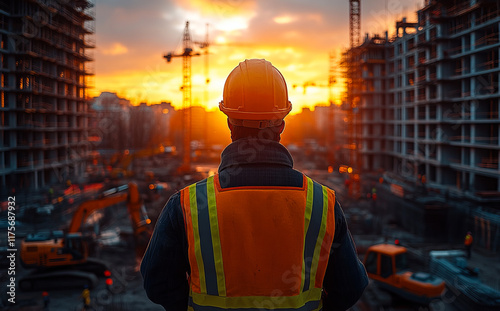 A construction worker wearing a yellow helmet and orange vest stands in front of a building site.