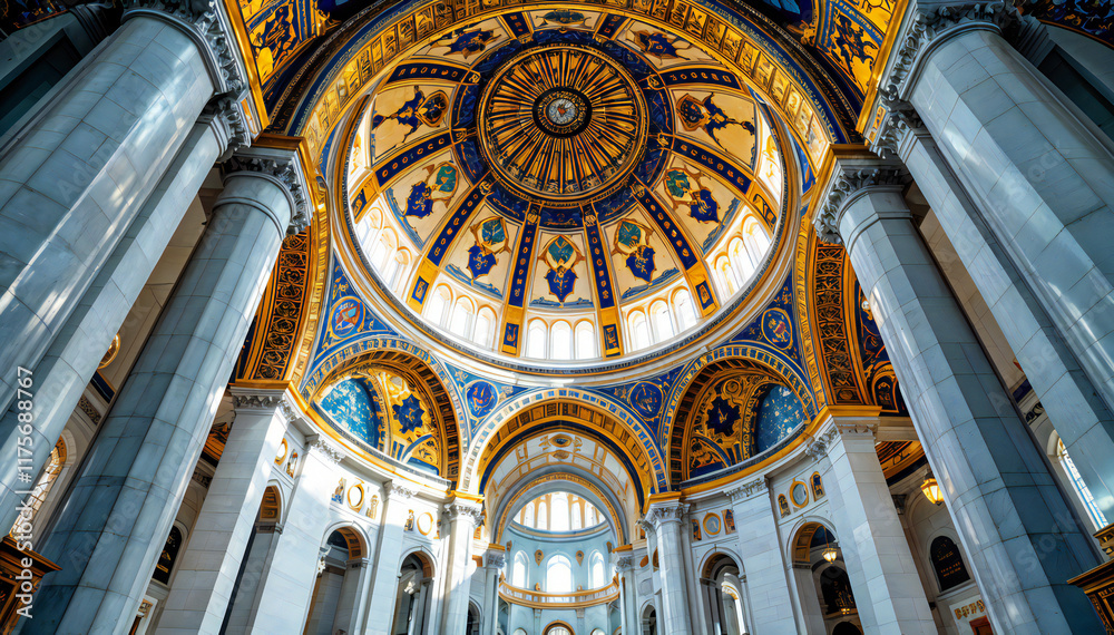 Obraz premium A grand, ornate domed interior of a cathedral , with intricate patterns and designs covering the walls and ceiling. The central dome features a large, ornate chandelier and is surrounded by arched