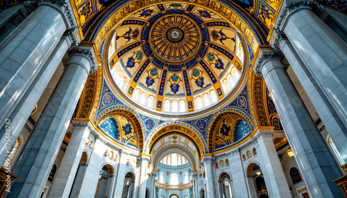 A grand, ornate domed interior of a cathedral , with intricate patterns and designs covering the walls and ceiling. The central dome features a large, ornate chandelier and is surrounded by arched