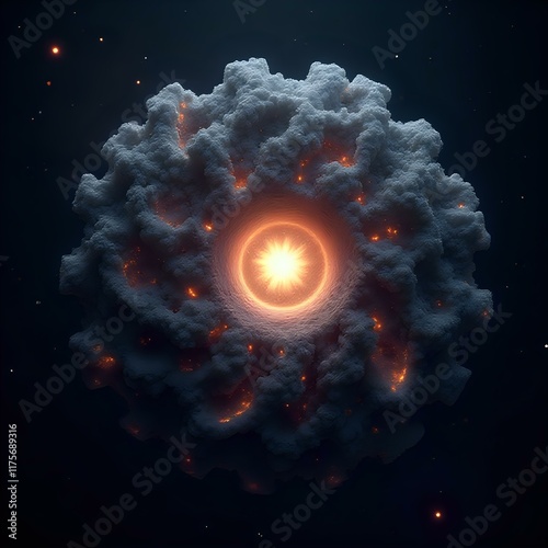 The image presents a digital illustration of a large, cloud-like object against a starry backdrop, with a bright, glowing center that resembles a sun or star. photo