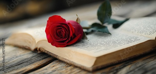 A red rose delicately placed on an open book, showcasing beauty and romance in a serene setting. Perfect for invitations or literary themed designs. photo