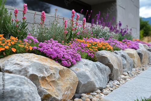 Obraz na płótnie Colorful Flowers Planted Among Large Rocks In A Garden Bed w salonie