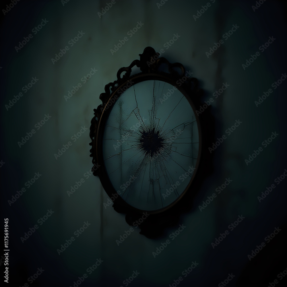 Obraz premium The image shows a round mirror with a dark frame, displaying a cracked and distorted reflection in the center against a dark background.