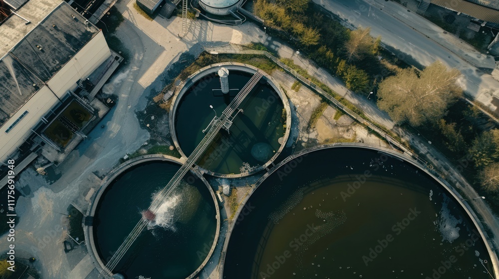 Obraz premium Aerial View of Water Treatment Plant: Purification Process and Infrastructure
