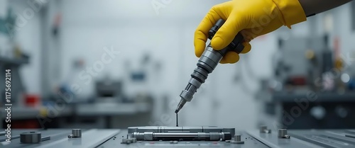Worker Wearing Gloves Assembling Metal Parts in Workshop with