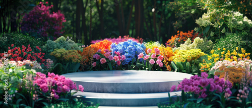 Charming Podium Set in a Beautiful Flower Garden. Perfect for Outdoor Product Showcases and Floral-Themed Events. photo