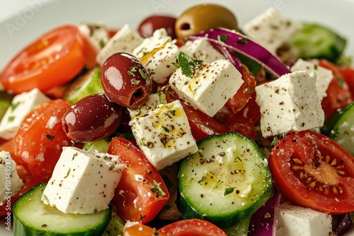 close-up of greek salad with fresh feta olives cucumber and tomatoes set on crisp white background with generous copy