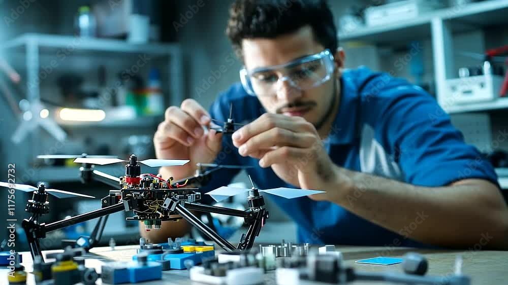 The Latino technician leans over a drone, his hands holding a delicate propeller while examining it under the glare of a magnified work light. The Latino technician leans over a drone, his hands holding a delicate propeller while examining it under the glare of a magnified work light.