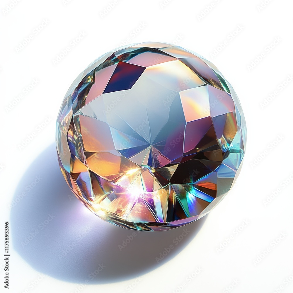A round crystal is placed on a white surface, showcasing its brilliant facets. The light refracts through the crystal, creating a spectrum of colors and reflections around it A round crystal is placed on a white surface, showcasing its brilliant facets. The light refracts through the crystal, creating a spectrum of colors and reflections around it