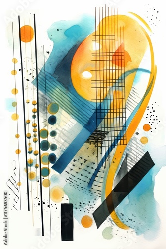 Vibrant abstract composition features watercolor and ink techniques. Bold shapes in yellow, blue, and black create a lively interaction, exploring movement and rhythm through geometric forms
