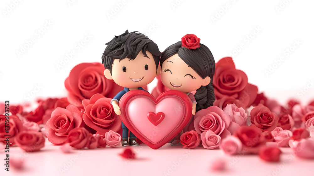 Naklejka premium Illustration of a joyful couple holding a heart surrounded by red roses.