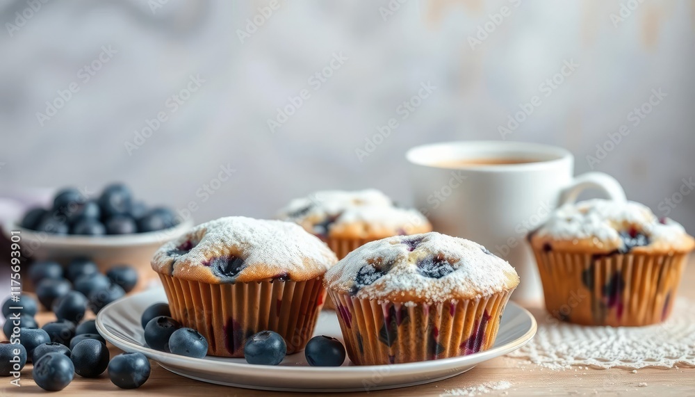 Blueberry muffins and coffee on a table Blueberry muffins and coffee on a table