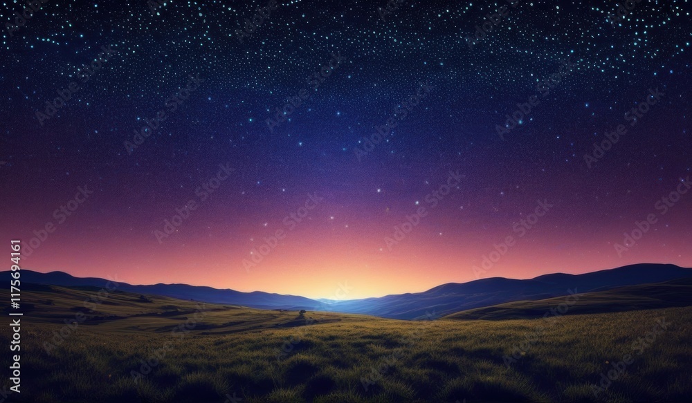 A surreal landscape with a field of glowing a crescent moon, and a starry sky A surreal landscape with a field of glowing a crescent moon, and a starry sky