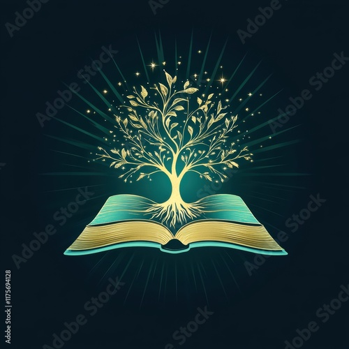 Intricate logo design showcases an open book at the center, with a vivid tree sprouting from its pages, representing the fusion of wisdom and nature in a modern aesthetic