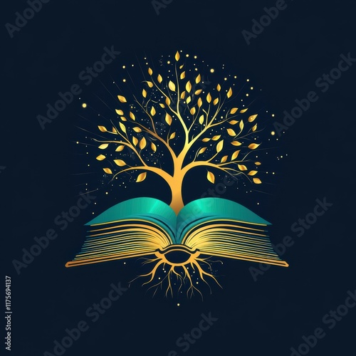 This artistic logo showcases a lush tree with golden leaves growing from an open book. The vibrant design contrasts beautifully against a dark background, symbolizing knowledge and growth