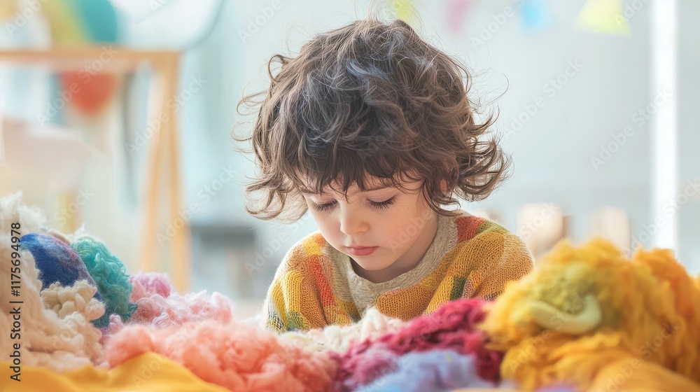 Child Engaged in Creative Play with Colorful Yarn and Textiles in Bright Indoor Space Child Engaged in Creative Play with Colorful Yarn and Textiles in Bright Indoor Space