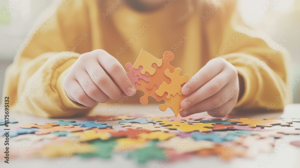 Fototapeta premium Child Engaging in Colorful Puzzle Play with Vibrant Pieces on a Bright Table in Cozy Indoor Environment