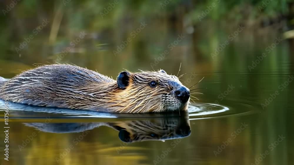 Graceful beaver swimming across reflective pond in tranquil nature scene Graceful beaver swimming across reflective pond in tranquil nature scene