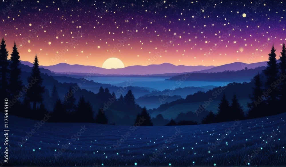 Fototapeta premium A surreal landscape with a field of glowing a crescent moon, and a starry sky