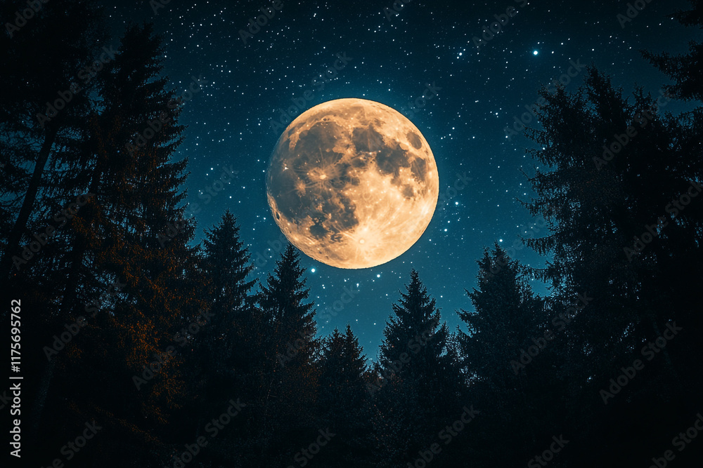 Naklejka premium Full Moon Over Silhouetted Pine Trees At Night