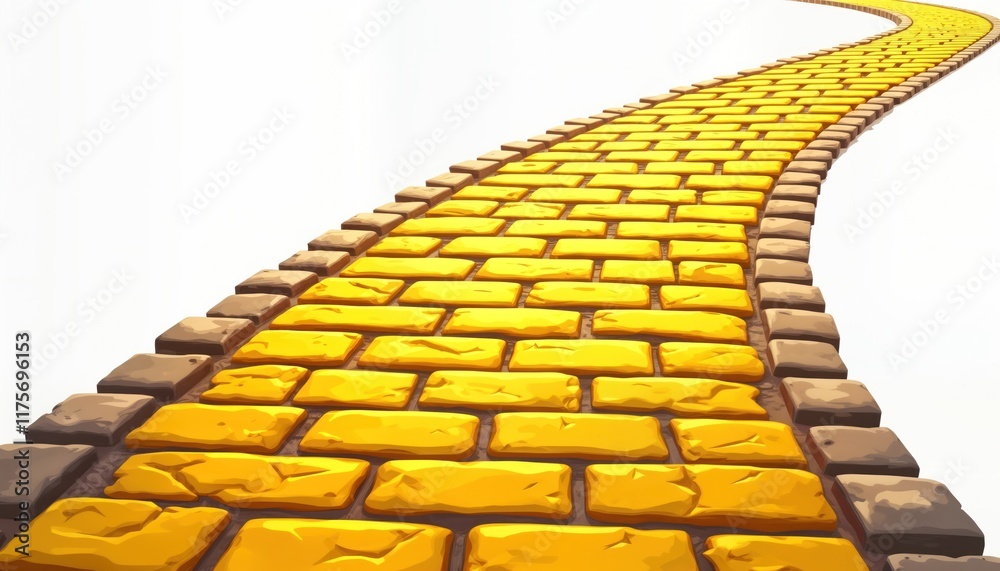 Obraz premium Isolated yellow brick road curves on white background. Pathway stretches, meanders smoothly. Vivid yellow paving stones with brown borders. Clean, vibrant design. Ideal for kids book cover, game