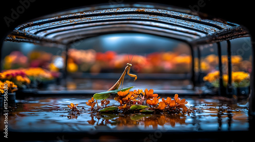 Praying mantis perched on flowers, reflecting in water under an arch.