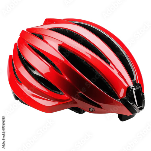 Red modern bike helmet with adjustable straps isolated on transparent background photo