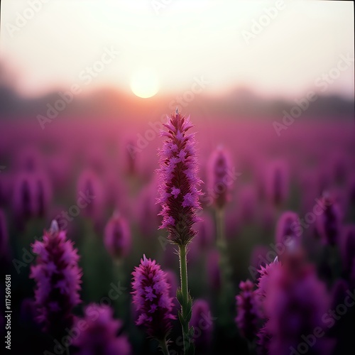A field of purple flowers is set against a backdrop of a setting sun, with the flower in the foreground standing out due to its sharp focus and the warm glow of the sun's light.
