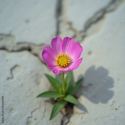 A single pink flower with a yellow center blooms from a crack in a grey concrete surface, casting a shadow on the right side of the image.
