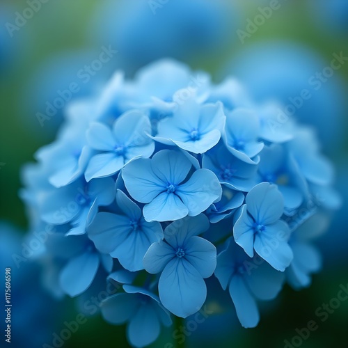 A close-up photo of a cluster of blue hydrangea flowers with a blurred green background.