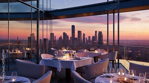 Elegant Rooftop Restaurant with Candlelit Tables Overlooking a City Skyline at Sunset in a Luxurious Setting

 photo