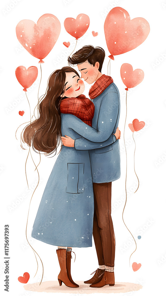 A couple in love embraces surrounded by heart-shaped balloons in a whimsical style. A couple in love embraces surrounded by heart-shaped balloons in a whimsical style.