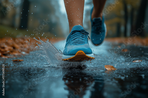 Running through the Rain: A close-up shot of a runner's feet splashing through a puddle on a rainy day, capturing the determination and resilience of an athlete pushing through the elements.   photo