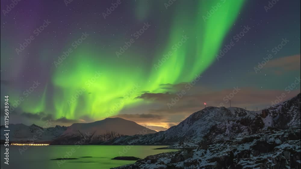 Tromso Norway time lapse of the aurora borealis northern lights winter landscape at Rorvikneset Sommaroy
