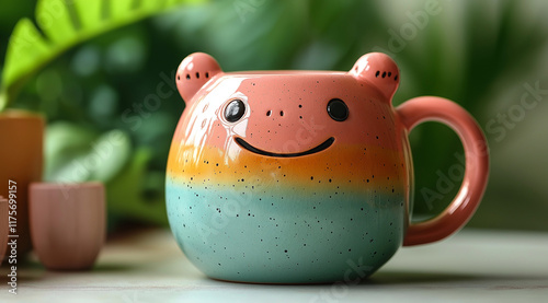 Froggy Mug: A charming and whimsical frog-shaped mug with a colorful gradient design. Perfect for adding a touch of fun to your morning coffee or tea.   photo