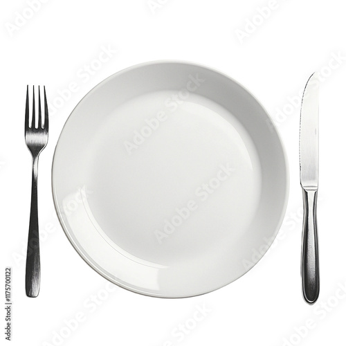 a white plate with a knife, fork and spoon on it PNG image, PNG file, Generative art.