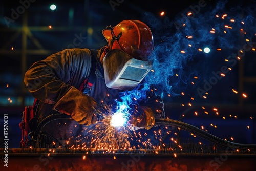 construction worker captured mid-motion while welding with sparks flying dramatically under low light photo