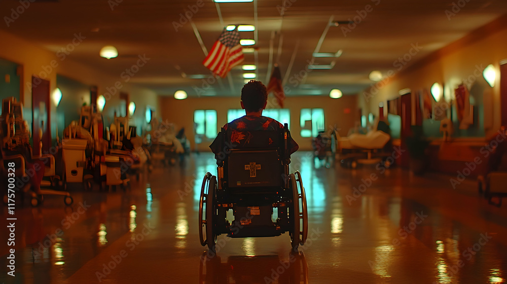 Naklejka premium Boy in wheelchair in long hospital corridor.