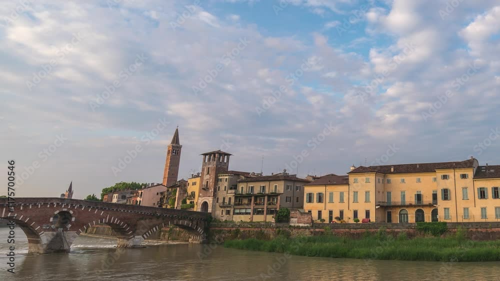 Verona Italy time lapse city skyline at Adige river and Ponte Pietra bridge Verona Italy time lapse city skyline at Adige river and Ponte Pietra bridge