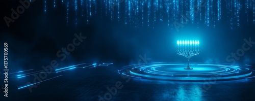 A glowing menorah surrounded by blue lights in futuristic setting evokes sense of celebration and tranquility