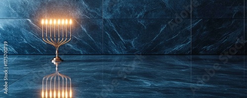 A glowing menorah stands on polished blue marble surface, reflecting light beautifully photo