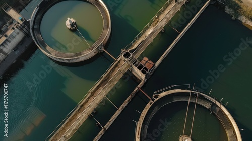 Aerial View of Water Treatment Plant: Circular Clarifiers and Infrastructure for Wastewater Purification photo