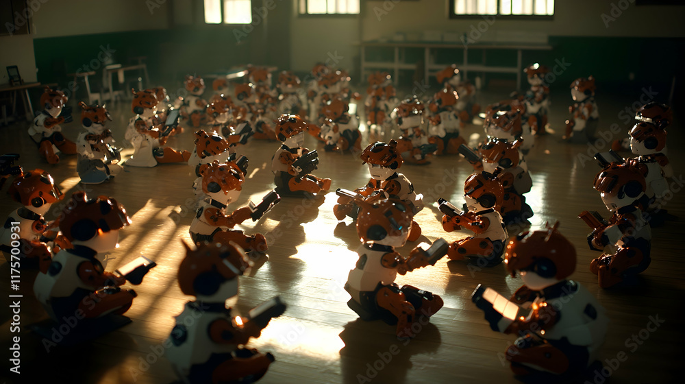 Obraz premium Numerous small orange robots sit on a wood floor, using tablets in a sunlit classroom.