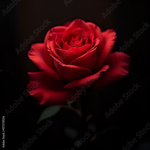 A close-up of a vibrant red rose in a dark setting, emphasizing the flower's delicate petals and intricate details against a blurred backdrop.