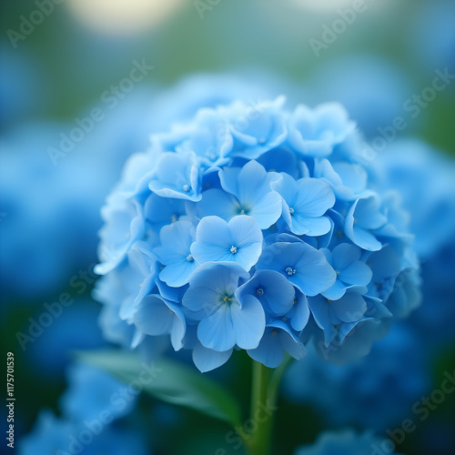 A close-up image of a cluster of delicate blue hydrangea flowers in full bloom, with a blurred background accentuating the vibrant hue of the flowers.
