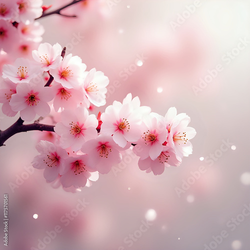 The image shows a close-up view of delicate pink cherry blossoms against a softly blurred pink and white gradient background.