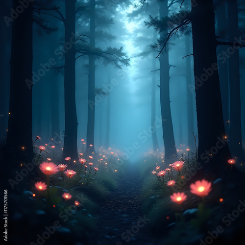 The image depicts a serene forest scene with tall trees casting a dark silhouette on the right and a carpet of glowing pink flowers on the left, creating a sense of tranquility and mystery.