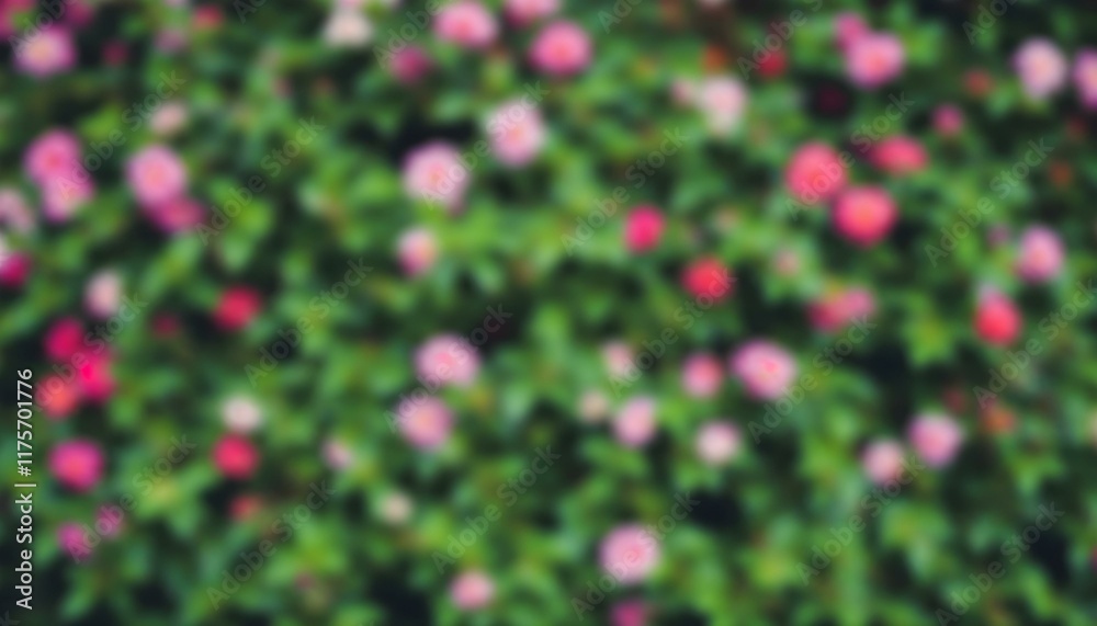 Blurred floral wall background with flowering hedge with flowers and foliage leaves for backdrop for overlay of text Blurred floral wall background with flowering hedge with flowers and foliage leaves for backdrop for overlay of text
